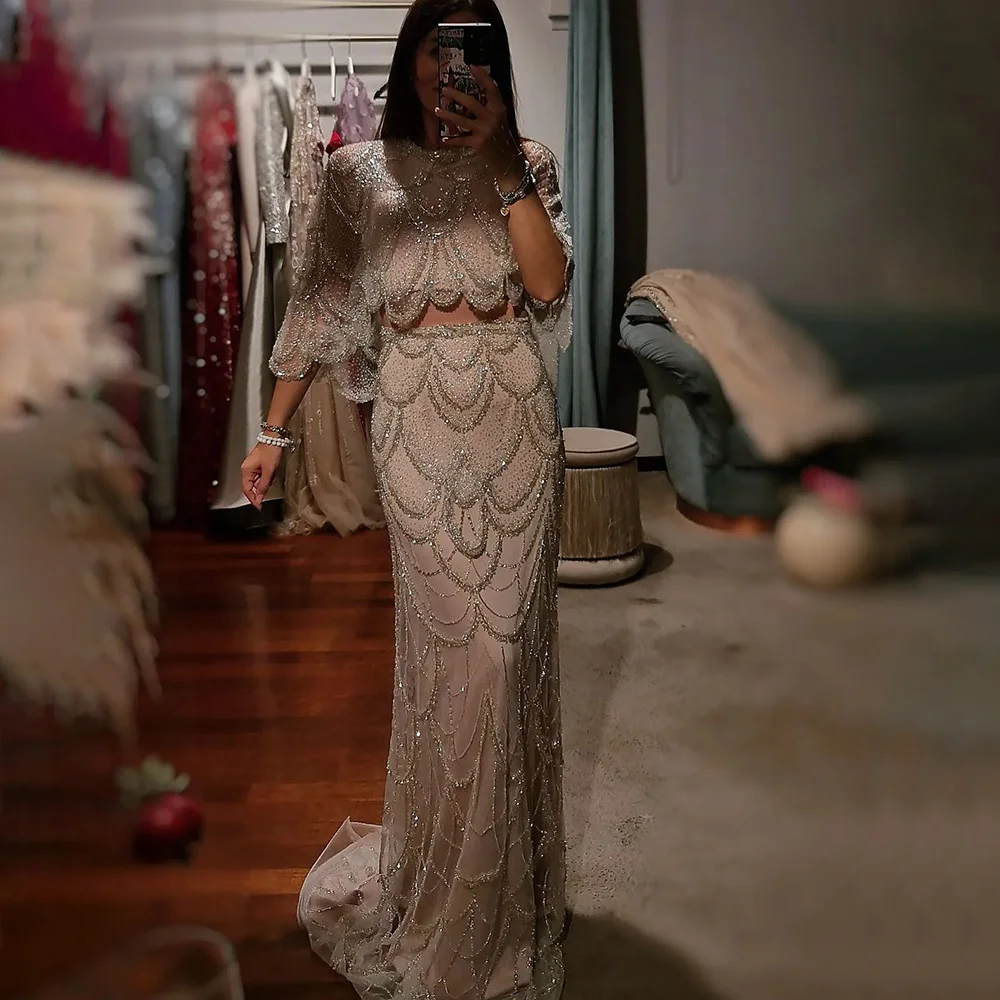 

2024 White Nude Mermaid Beaded Luxury Evening Dress with Shawl for Formal Occasion Saudi LA72462