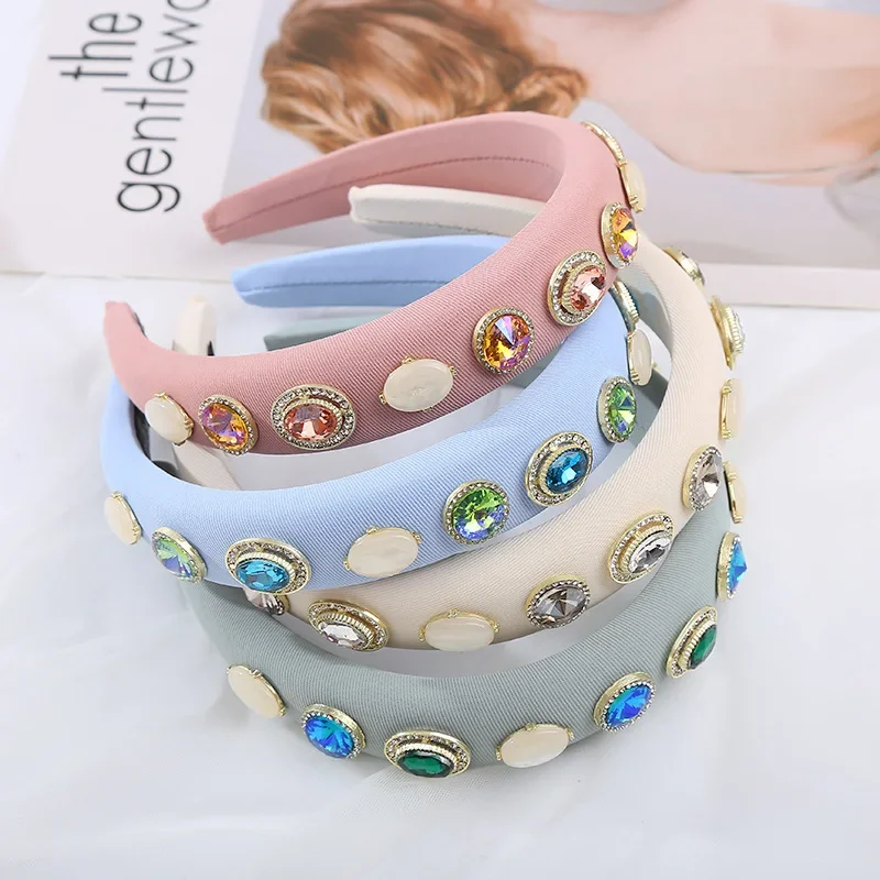 Pastel Blue Padded Hairband Aurora Crystal Jewel Headband Round Opal Stone Hair Hoop Statement Wedding Prom Headpiece view 2