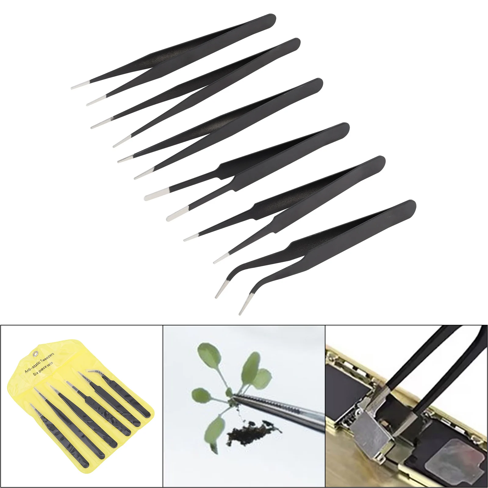 6pcs Electronic Industrial Tweezers Set Stainless Steel Anti-static Straight Curved Precision Tweezers Jewelry Phone Repair Tool