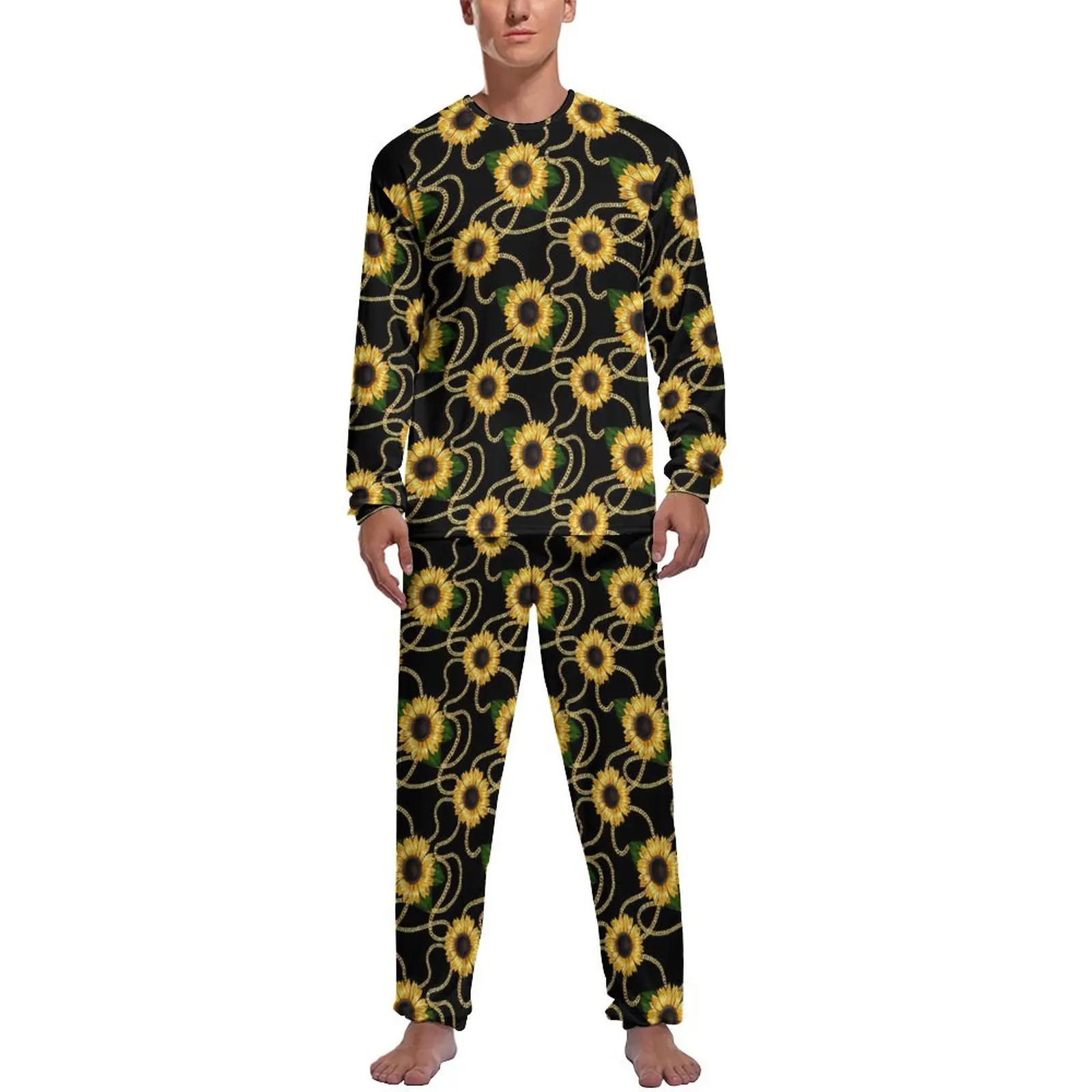 

Gold Chain Print Pajamas Sunflowers Stylish Man Long Sleeves Cool Pajamas Set 2 Pieces Casual Winter Nightwear Birthday Present