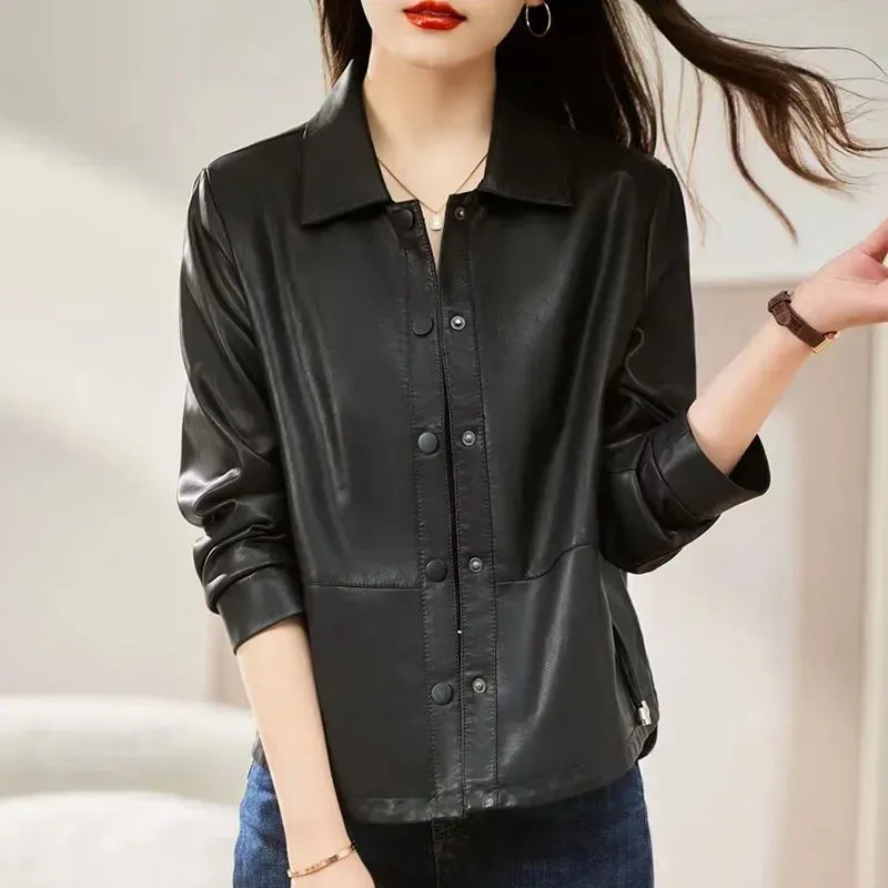 Maillard Women's Leather Short Coat 2025 Spring Autumn New Female Temperament Fashion Ladies Loose Coat Age-reducing Loose Coat