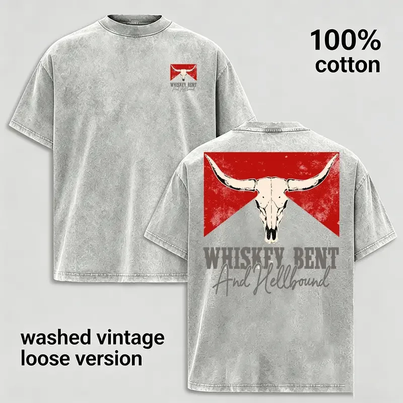 Whiskey Bent Hellbound Longhorn Men Vintage 100 Cotton Graphic T Shirt Loose Fit Country Tee Father Day Gift for Husband Boyfriend Family Top Trendy Esthetic Washed Streetwear Grey Clothes