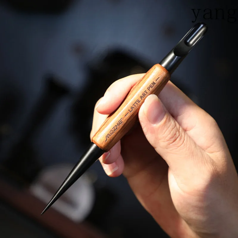 LMM Coffee Latte Needle Rust Steel Titanium Plated Latte Carving Needle Solid Wood Handle Chain Needle