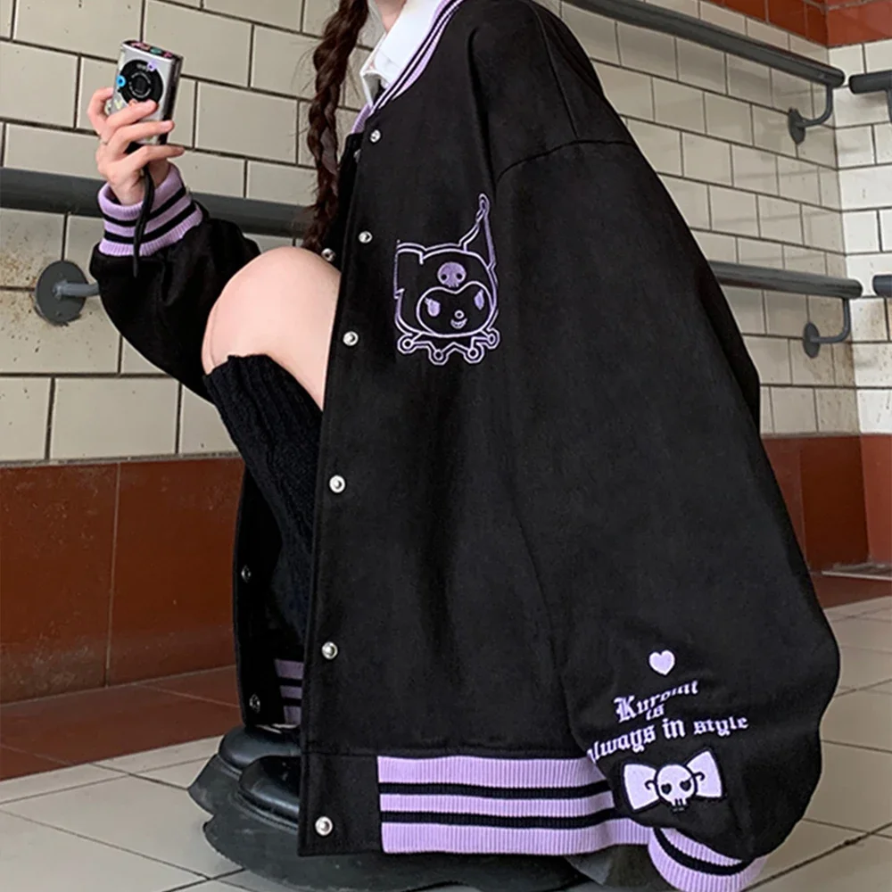 Anime Kuromi Girls Y2K Baseball Jersey Sanrioed Cartoon Women Black Retro Clothes Girls Jacket Autumn Winter Vintage Coat Tops