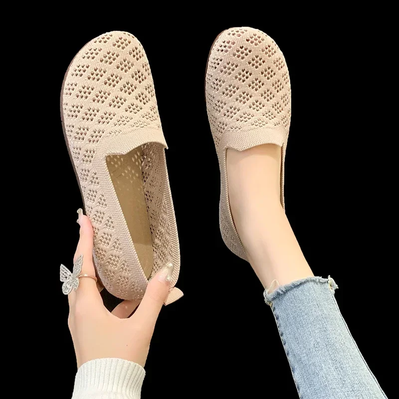 Summer Mesh Fabrics Breathable Flats Women Shoes Ventilate Lace Leisure Loafers Mom Shoes Comfort Casual Light Sneakers