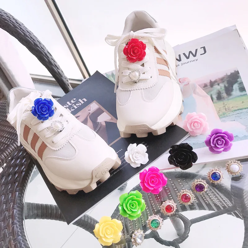 1PCS Creative Rhinestone Rose Flowers Shoelace Decoration Buckle Diamond Crystal Pearl Shoe Charms Clip Accessories for Sneakers