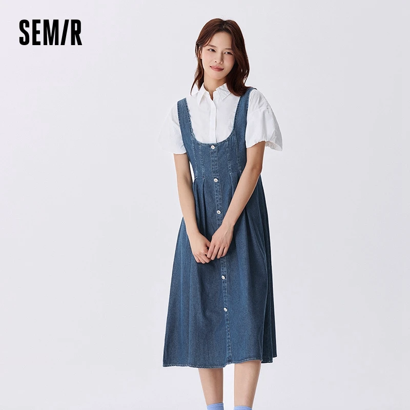 Semir Denim Dress Women U-Neck Slimming Retro Style Versatile Summer Salty Trendy Waist-Collecting Flared Strappy Dress