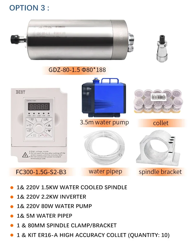 แกนหมุน GDZ-80-1.5 ER11 24000 รอบต่อนาที 220 โวลต์ ระบายความร้อนด้วยน้ำ กำลัง 1.5 กิโลวัตต์ พร้อมอินเวอร์เตอร์ VFD