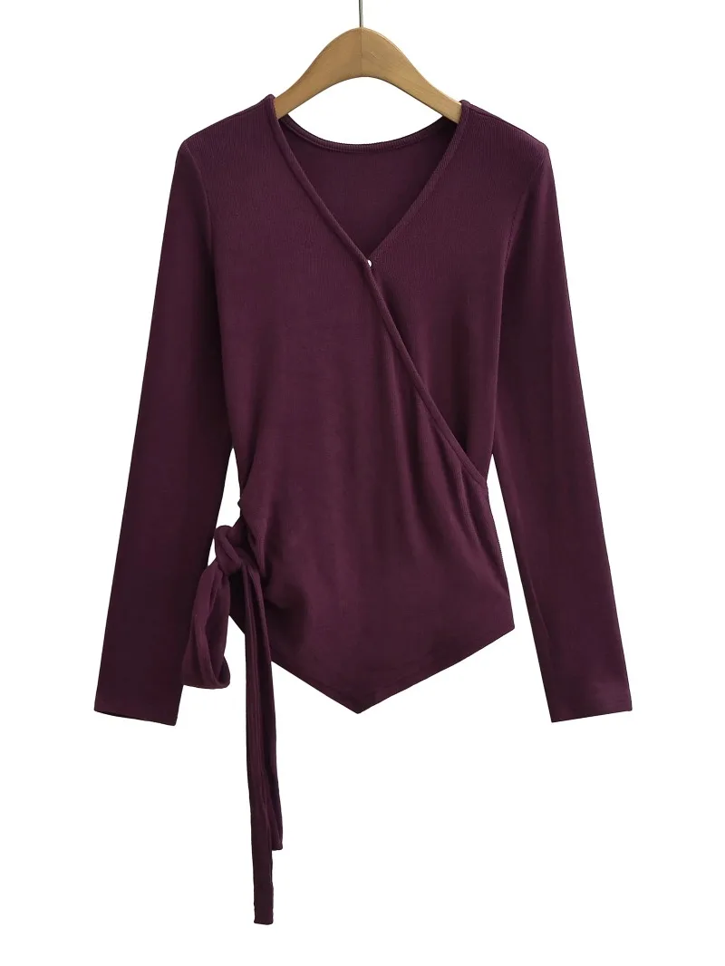 Knot V-Collar Solid Spring Women Long Sleeve Tops Sexy Pullover Bottoming Blouses T-shirt