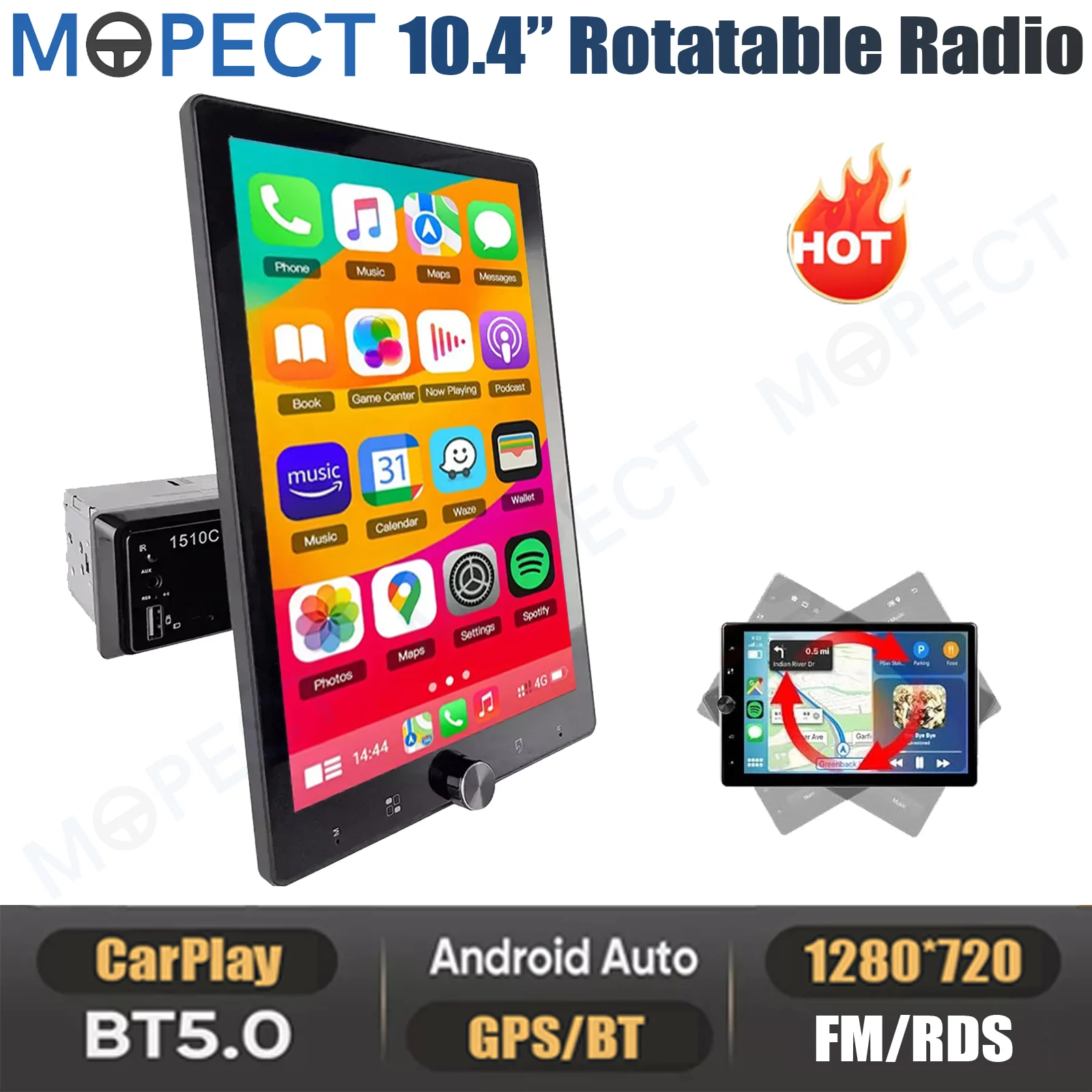 MOPECT 10,4 Zoll Universal 90 °   Drehbares Autoradio Single 1DIN Kabelloses Carplay Touchscreen SWC FM USB Bluetooth+MIC&Kamera