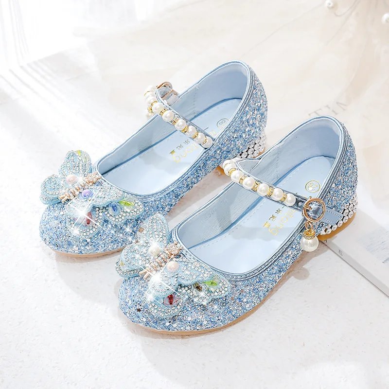 Children High Heels Kids Princess Dance Crystal Girls Leather Shoes Colored Diamond Butterfly Fashion Student Performance Shoes