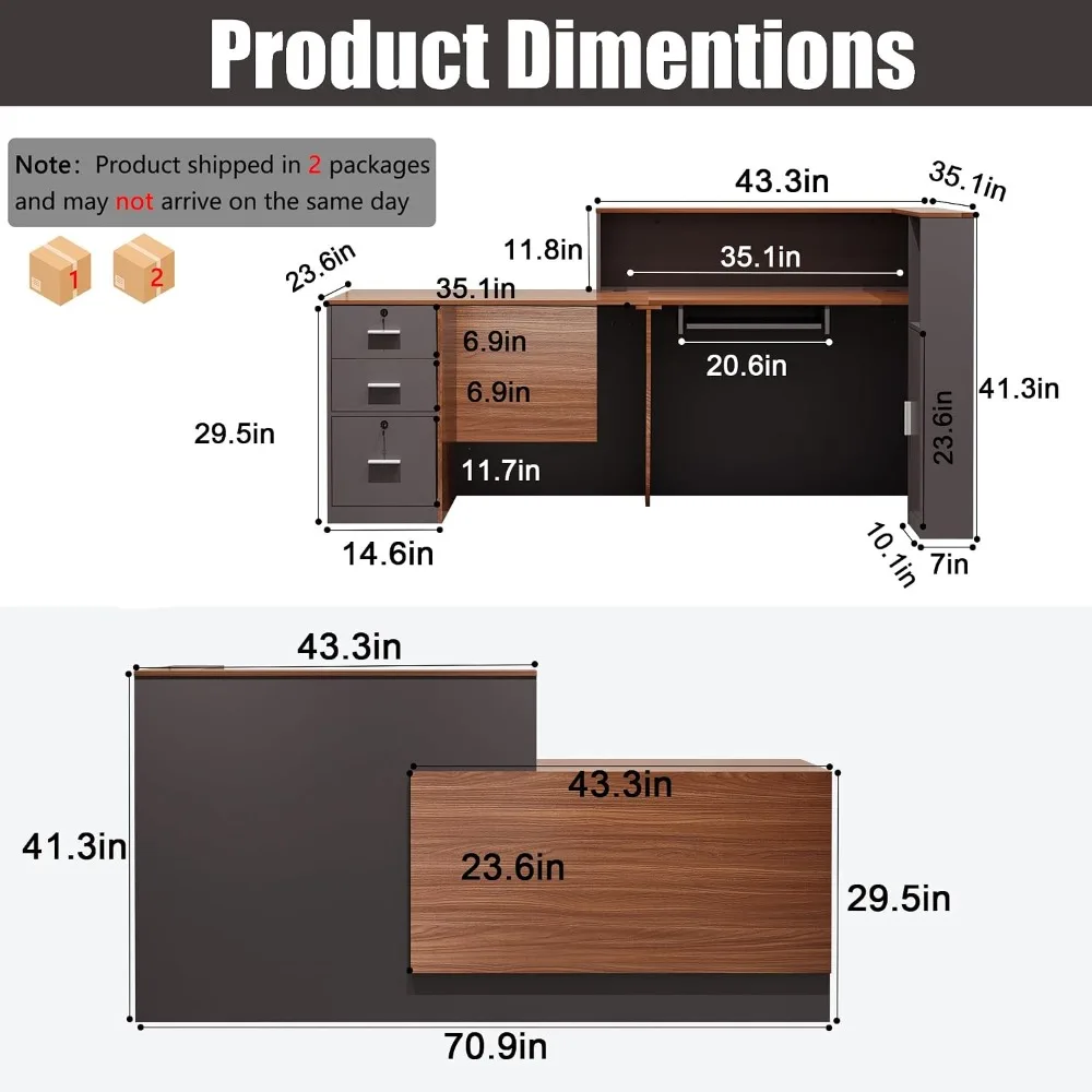 L-Shaped Reception Desk with Lockable Drawers, Walnut/Slate Gray, 70.9 x 23.6 x 41.3 In