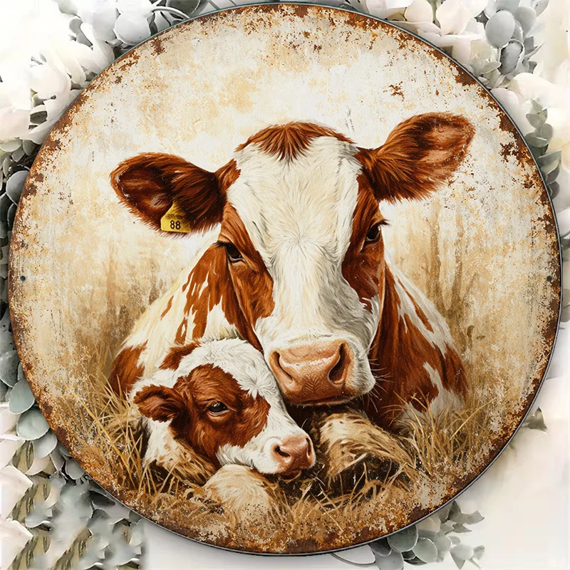 2D Flat Round Aluminum Sign, Vintage Aluminum Plaque about Cows And Calves, Farm Animal Heartwarming Picture Decorative Sign