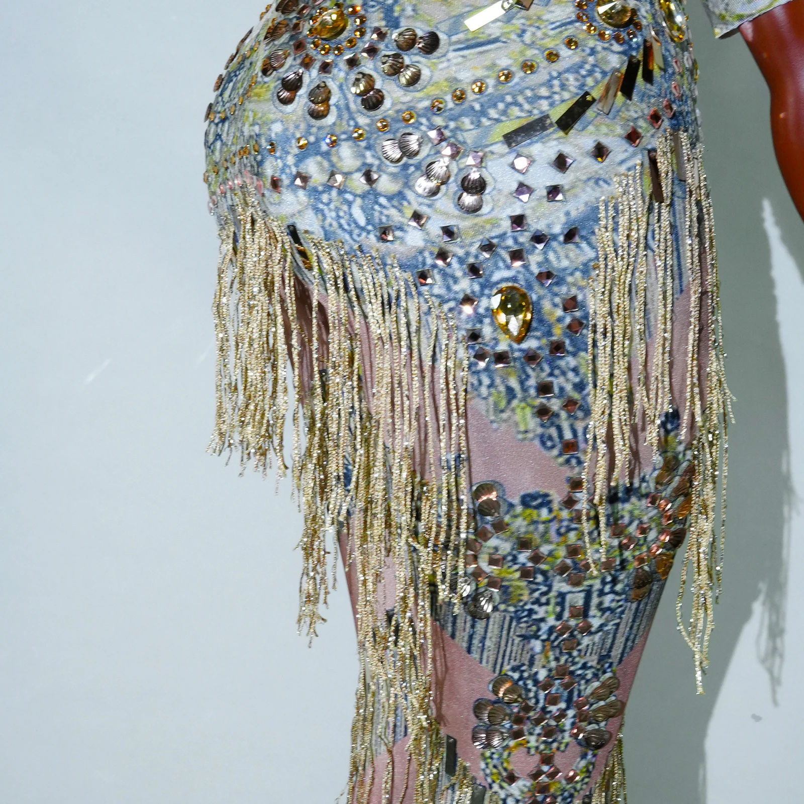 Full Gold Rhinestones Jumpsuits Sexy Printed Tassels Drag Queen Costume Dance Show Women Wear Singer Birthday Performace Outfit