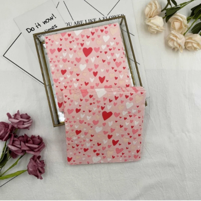 Colourful Printed Napkins 3 Layers Pink Love Models Flower Paper Proposal Wedding Party Disposable Meal Folding Placemats 20pcs