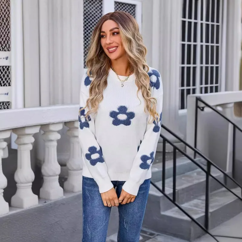 Casual Loose Knit Pullover Sweater for Autumn/Winter Women\'s Pullovers 2024 New O-neck Full Lantern Sleeves Flower Sweater Tops