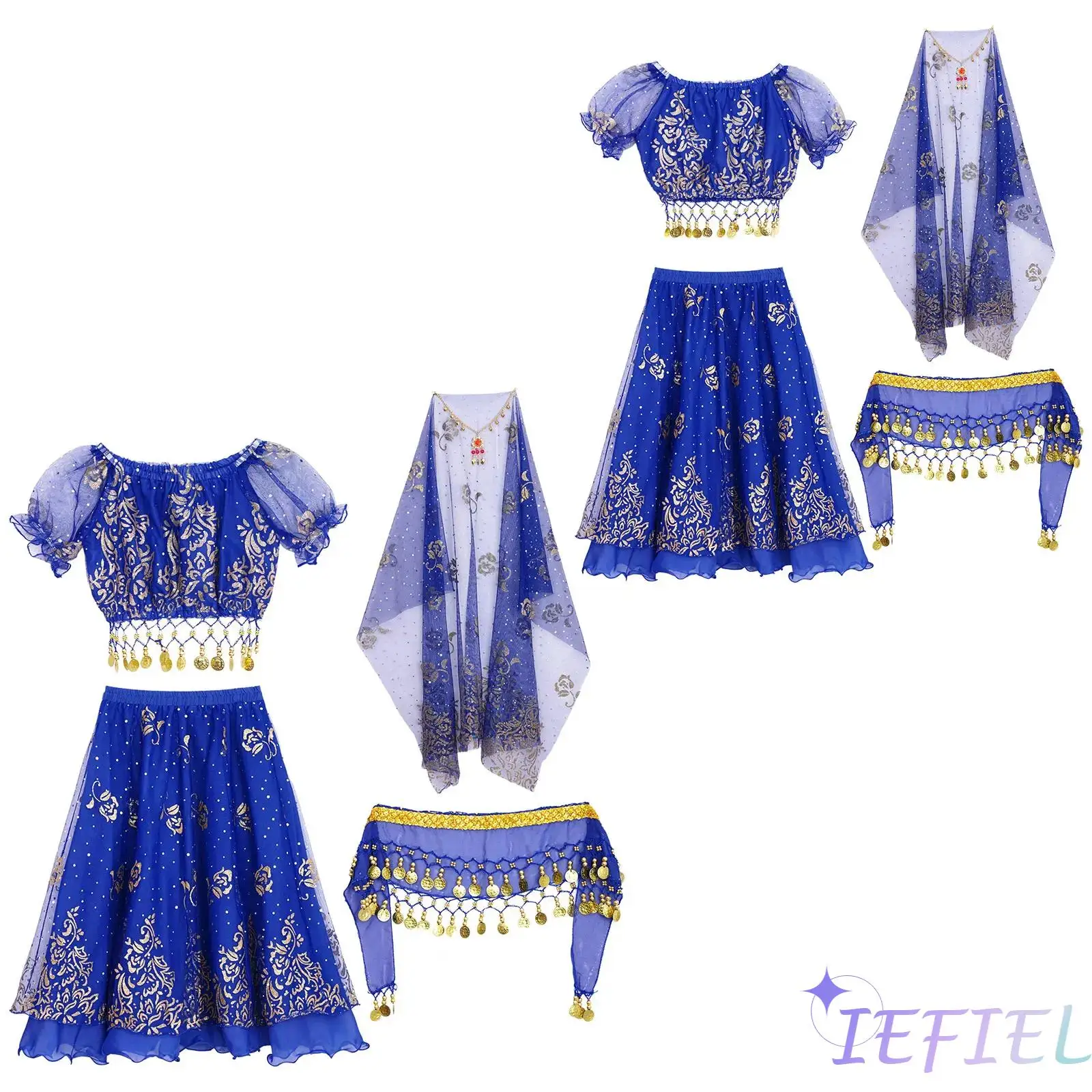 

5Pcs Girls Belly Dance Set Halloween Costume Oriental Cosplay Costume Puff Sleeve Crop Top+Skirt+Waist Chain+Headscarf+Headwear