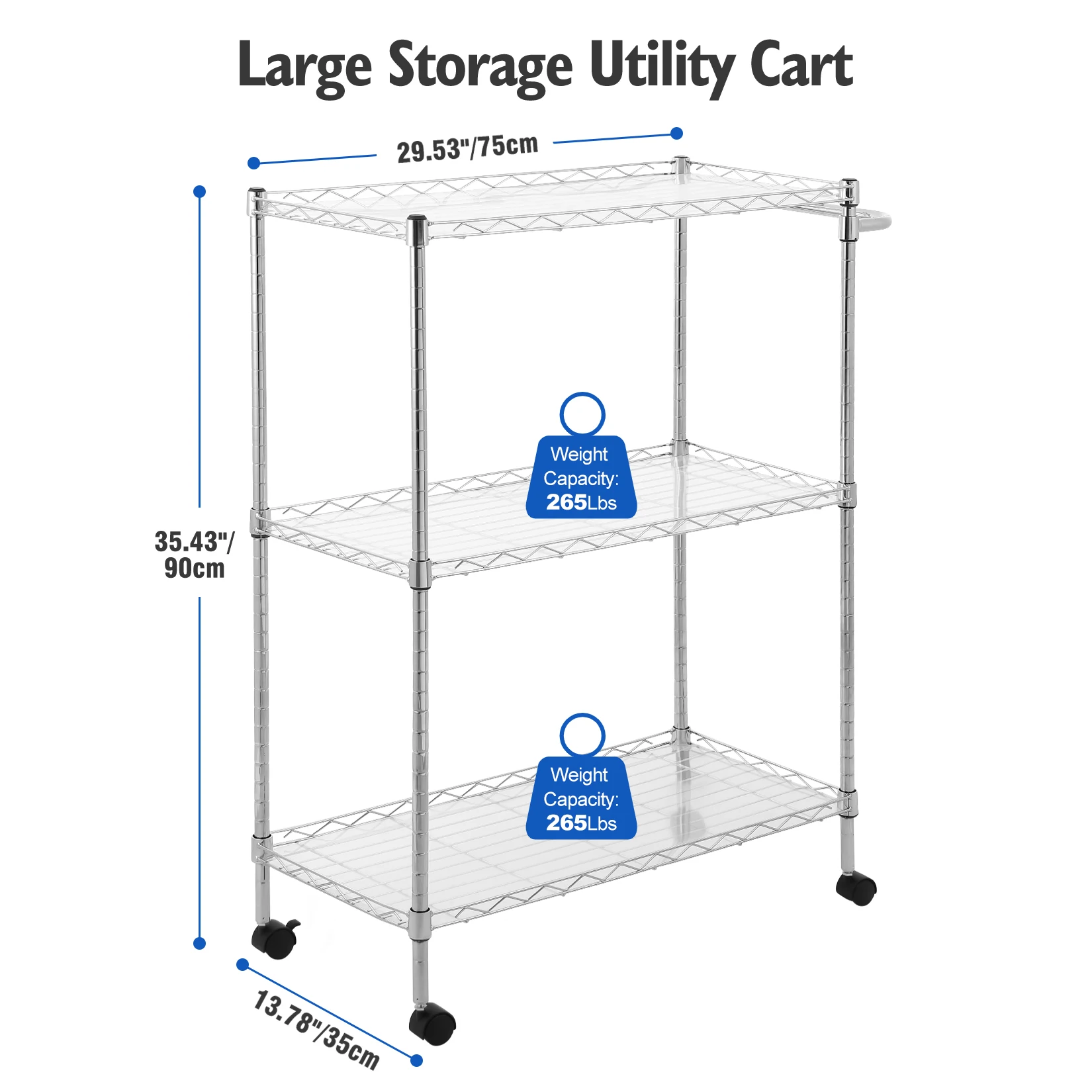 3 Tiers Kitchen Rolling Utility Cart Wire Rolling Service Cart with Handle Bar 300Lbs Capacity Trolley Serving Cart for Kitchen