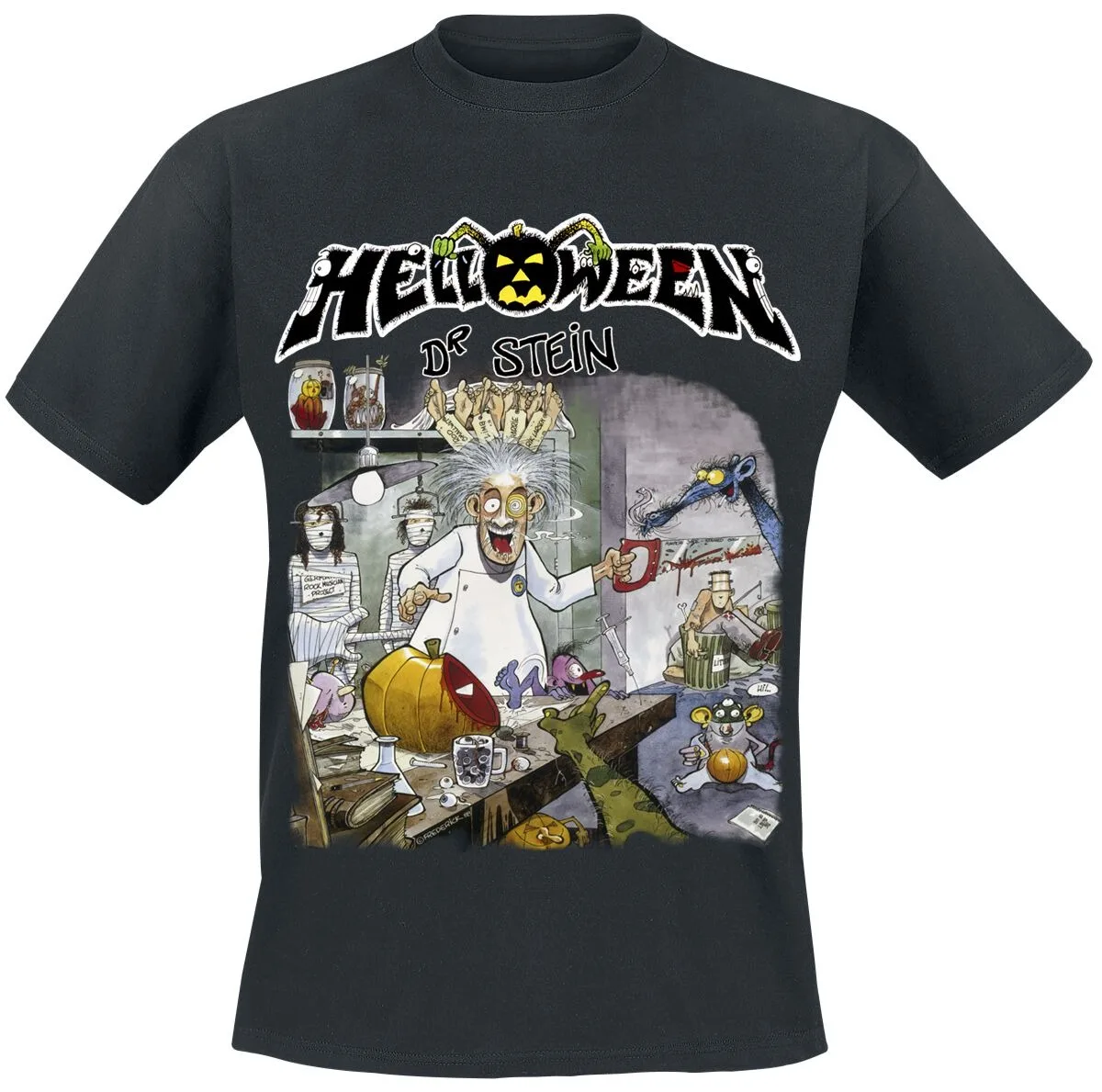 Helloween Dr. Stein Tee, Power Metal T-Shirt mit Lab-Cartoon-Print & Band-Logo, Band-Fan-Merchandise