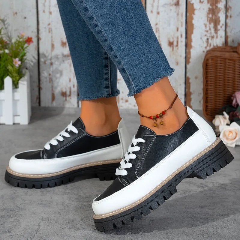 Women Platform Loafers Lace Up Chunky Sole Color Block Ladies Casual Shoes All Season Non Slip Walking Footwear Ladies Women's 4
