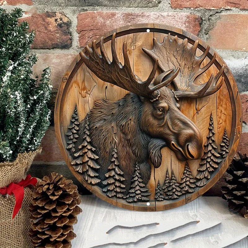 Moose and Pine Trees Circular Wood Carving Wall Decor, Waterproof Aluminum Metal Sign for Indoor and Outdoor Use, Rustic Wreath