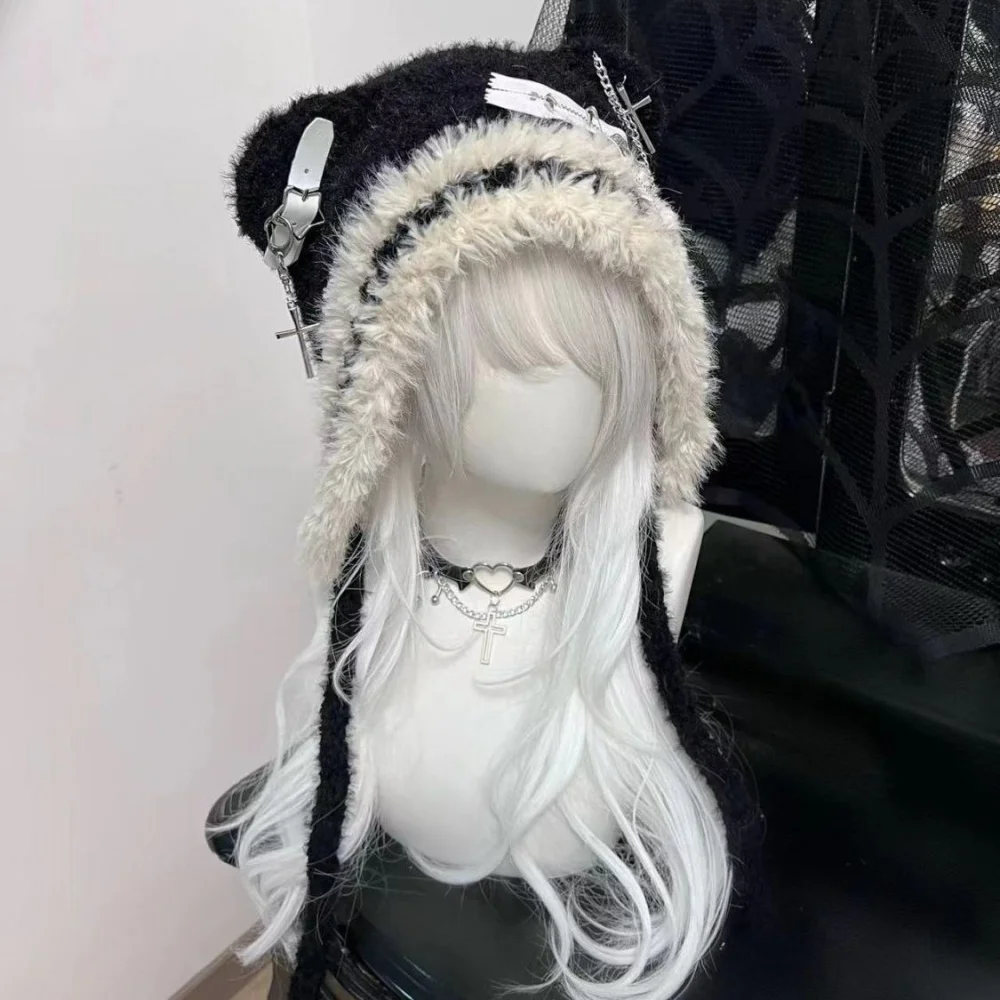 

Женская готическая шляпа Harajuku Lolita Y2K для девочек и мальчиков с субкультурным медведем, милая вязаная теплая меховая шапка с крестом и звездными крыльями