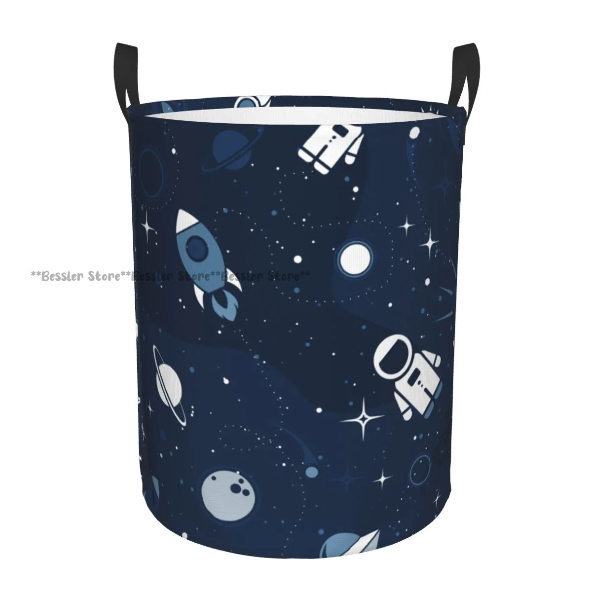 

Laundry Basket Cute Astronaut Spaceship Rocket Moon Hole Stars Round Storage Bin Collapsible Hamper Clothes Bucket Organizer