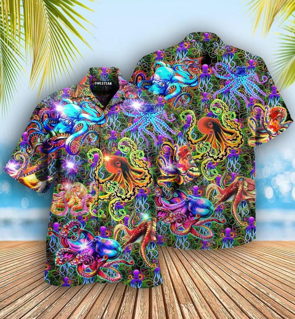 

New Hawaii Men's Octopus Shirts Creative Print Short Sleeve Cuban Tops Casual Beach Summer Vacaton 3D Shirts