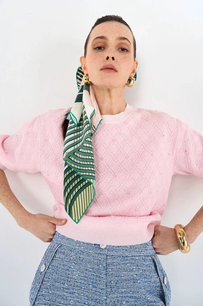 

Корейская летняя модная футболка LNVN 25 с круглым вырезом, цветными блоками, ромбовидным узором, ручной вышивкой бисером, универсальная, тонкая, вязаная, с коротким рукавом