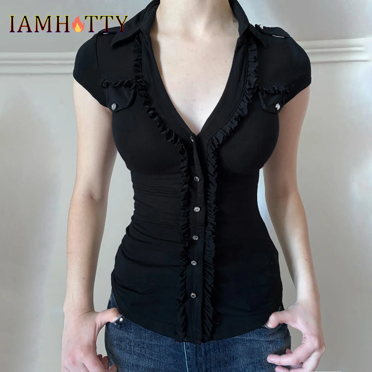 

IAMHOTTY Punk Style Pockets Cargo Top Black Summer Casual Basic Slim-fit Single-breasted V-neck T-shirt Retro Short Sleeve Tops