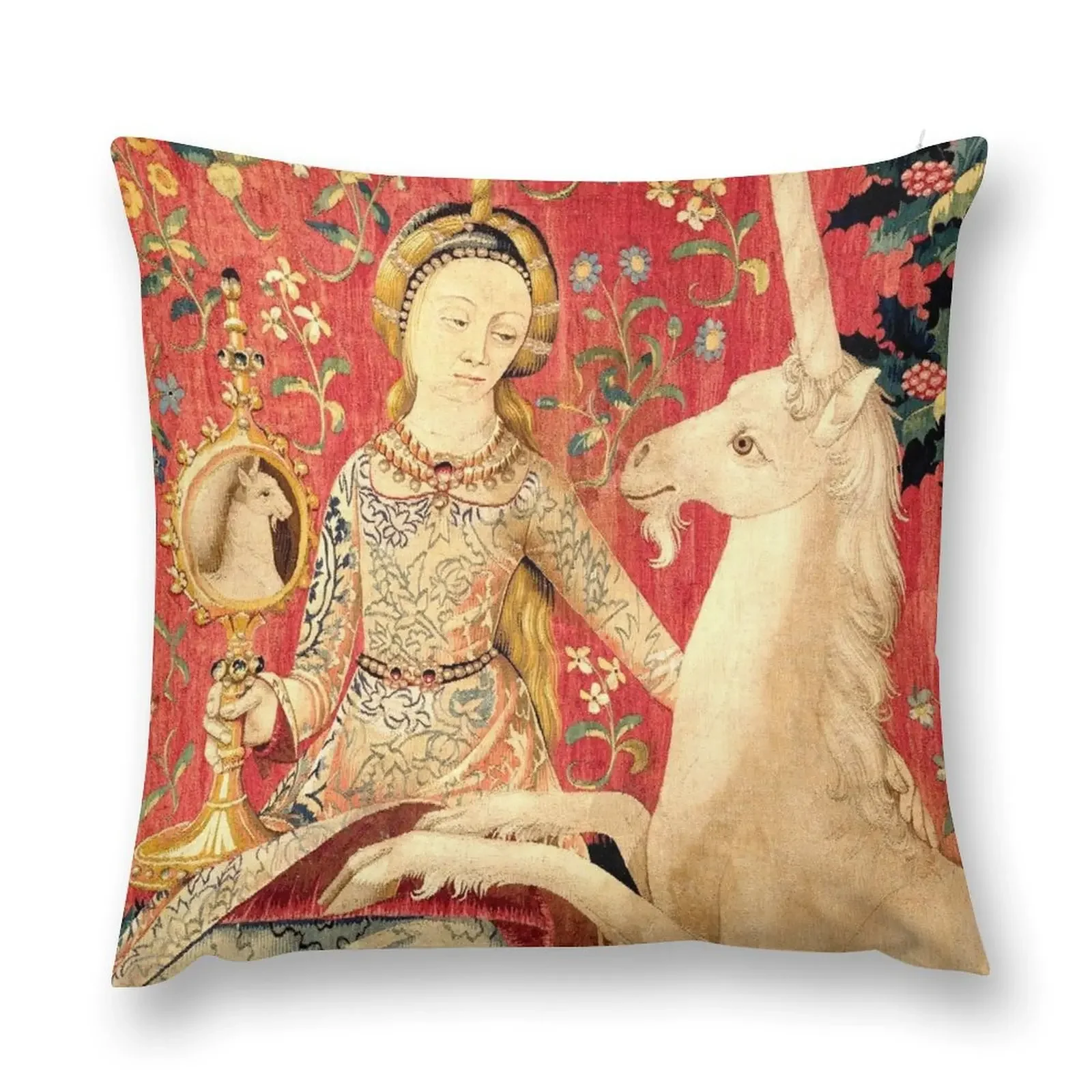 LADY AND UNICORN ,SIGHT Red Green Fantasy Flowers,Animals Detail Throw Pillow ornamental pillows pillow cover luxury pillow