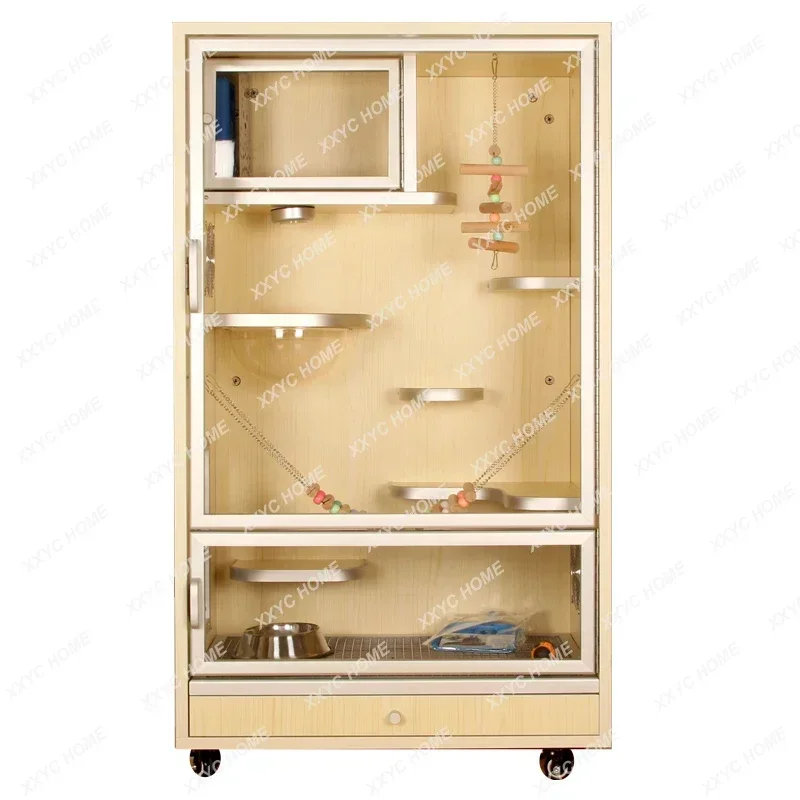 A  Chinchilla cabinet cage anti-bite solid wood ecological board villa, pet flower branch mouse cage air-conditioned house