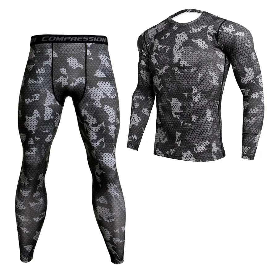 2 peças de compressão MMA manga longa t-shirt e leggings conjunto para homens, kit rashguard, camisola de camuflagem, fitness roupa interior térmica