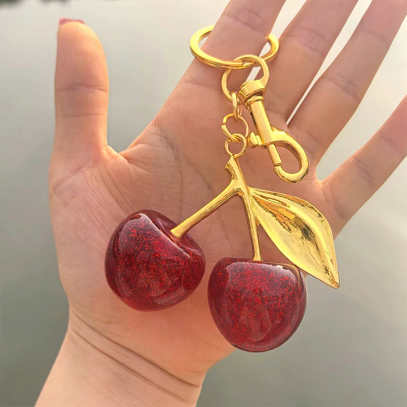 Modischer zarter roter Kirsch-Charm-Schlüsselanhänger, 3-farbig, Gold, Silber, Schlüsselanhänger, eleganter Damen-Rucksack, Geldbörse, Charm-Ohrringe, Schmuck – Detail 6