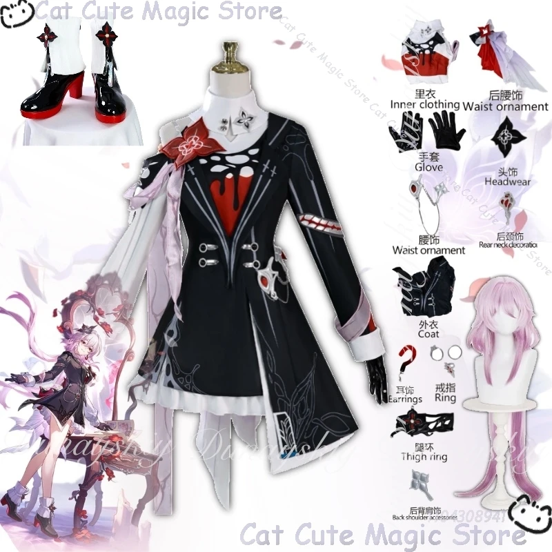 Honkai: Star Rail Game Evernight March 7th Cosplay Ice DMG con peluca larga rosa con vestido blanco y negro disfraz de Cosplay lleno de conjunto