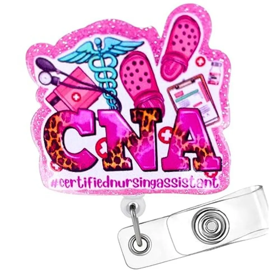 

CNA Badge Reel for Certified Assistant Holder Retractable with ID Clip; Blg Glitter CNA Accessories Essentials Supplies with Al