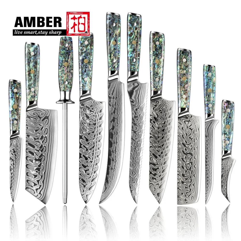 Amber Western Chef Knife 45-Layer AUS10V Damascus Knives Abalone Shell Transparent Handle Kitchen slicer Knife Alligator Pattern