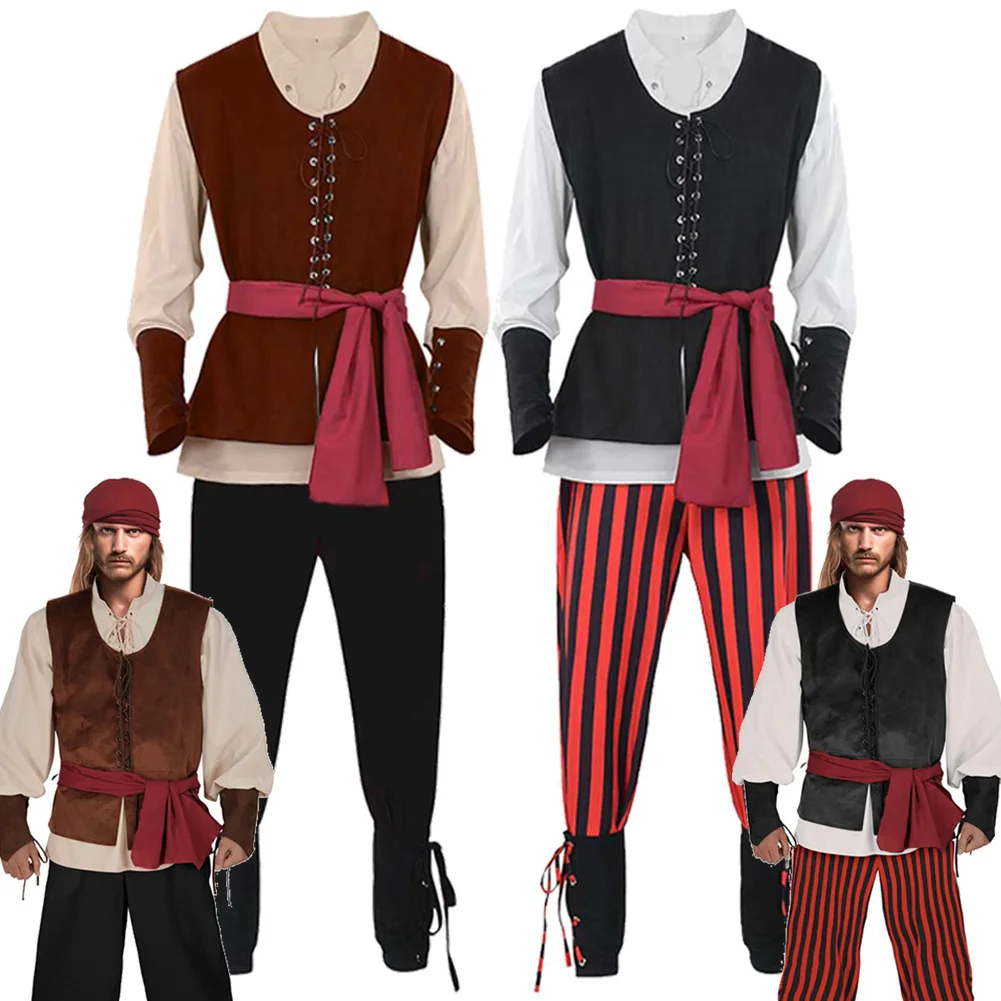 

Medieval Pirate Red Striped Suits Cosplay Costume Men Renaissance Disguise Retro Vintage Stage Performance Halloween Suit