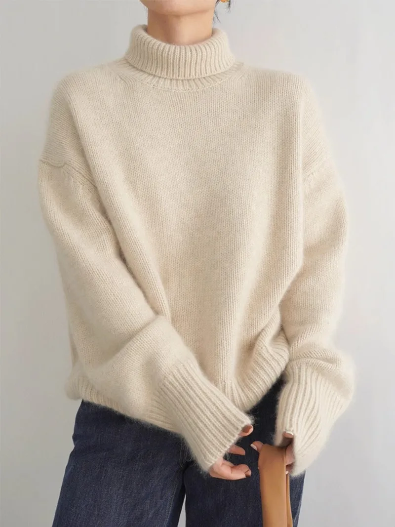 

High Neck Sweater Paired with Women's 2025 New Autumn / Winter Loose and Lazy Style Knitted Top
