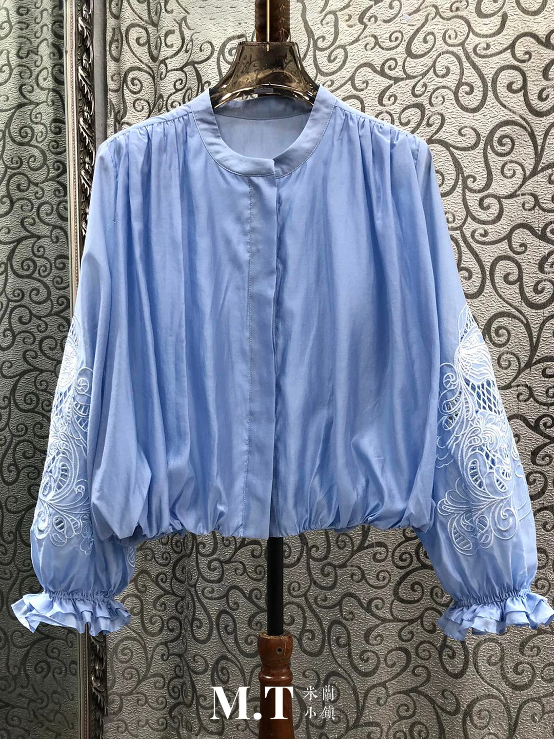 

Loose Fitting Embroidered Hollow out Lantern Sleeve round Neck Button Detailing Pleated Milan Small Town South Oil Version Eu...