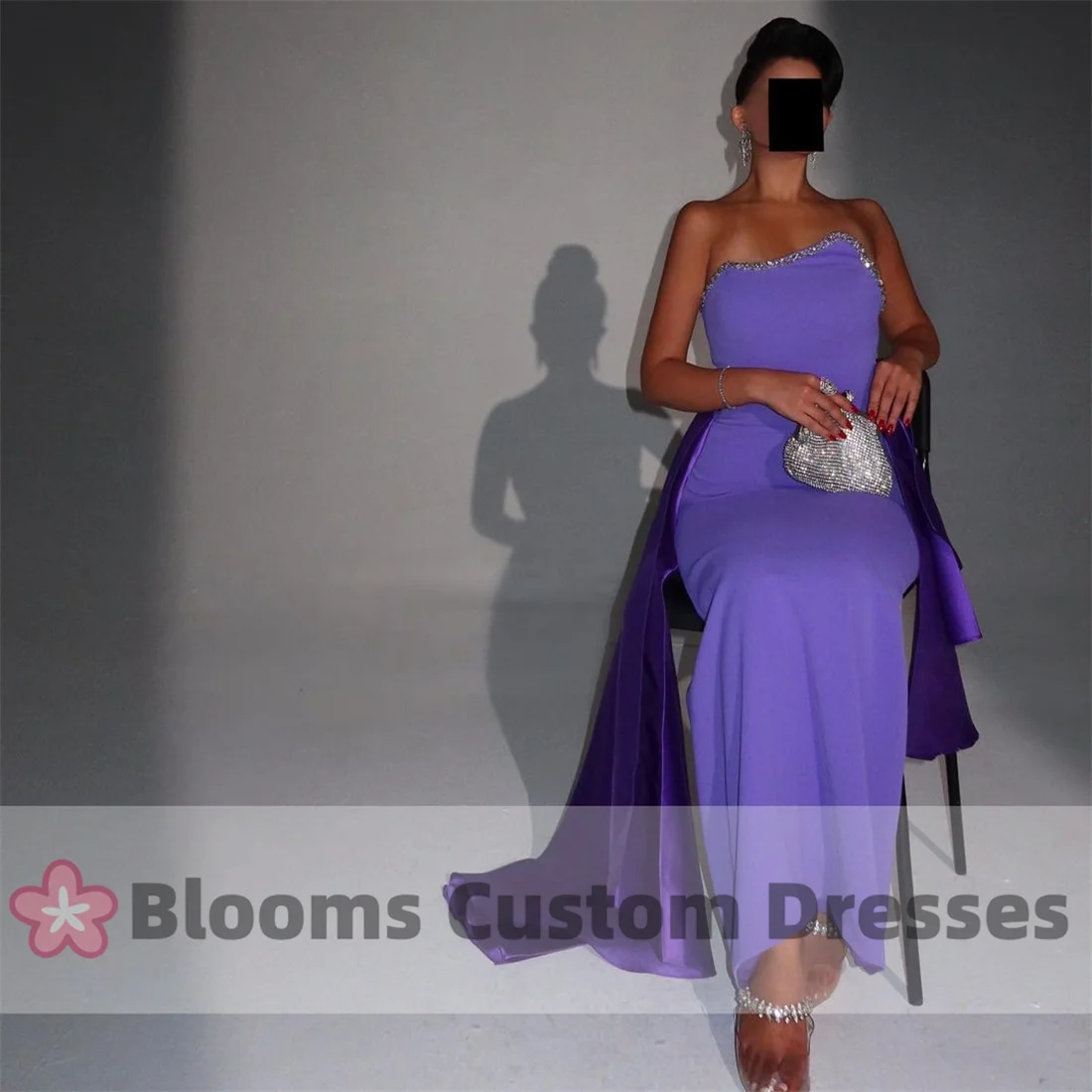 Blooms Purple Customized Shiny Decor Evening Dresses Sleeveless Back Slit Chic Neckline Formal Occasion Wedding Prom Dress