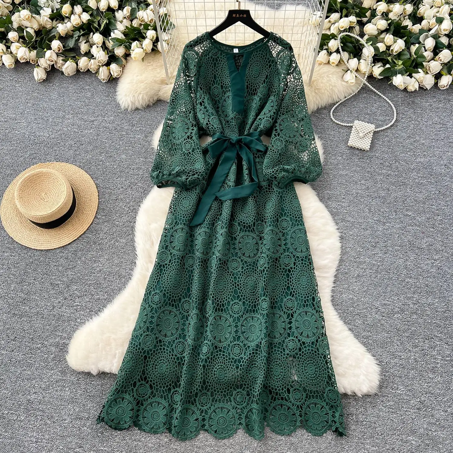 เดรสลูกไม้สไตล์วินเทจสุดเซ็กซี่ แต่งลายดอกไม้ฉลุ ปักลายลูกไม้ ชุดเดรสยาวเก๋ไก๋ สง่างาม แฟชั่น ชุดเดรสทรงเข้ารูป สไตล์โกธิค ชุดเดรสลำลองสำหรับผู้หญิง