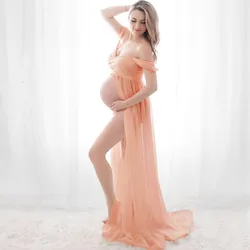 Vestidos de maternidad para sesión de fotos, ropa de maternidad de manga corta con hombros descubiertos, malla transparente, vestido de embarazo largo dividido para mujer