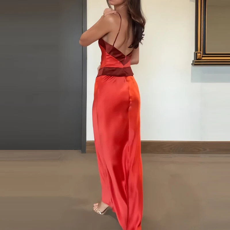 Elegant Halter Backless Satin Cocktail Dress Lady Fashion Color-blocking Splicing Slim Party Dress Casual Sleeveless Long Dress