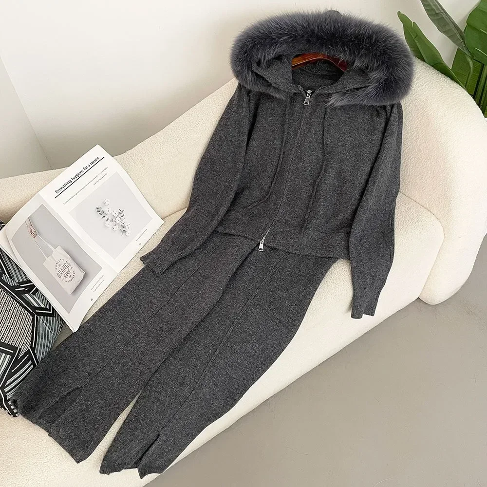 OFTBUY Strickwaren Herbst und Winter Modischer Pulloveranzug Damen Hose Kapuzenjacke mit abnehmbarem Fuchspelzkragen Pelzmantel