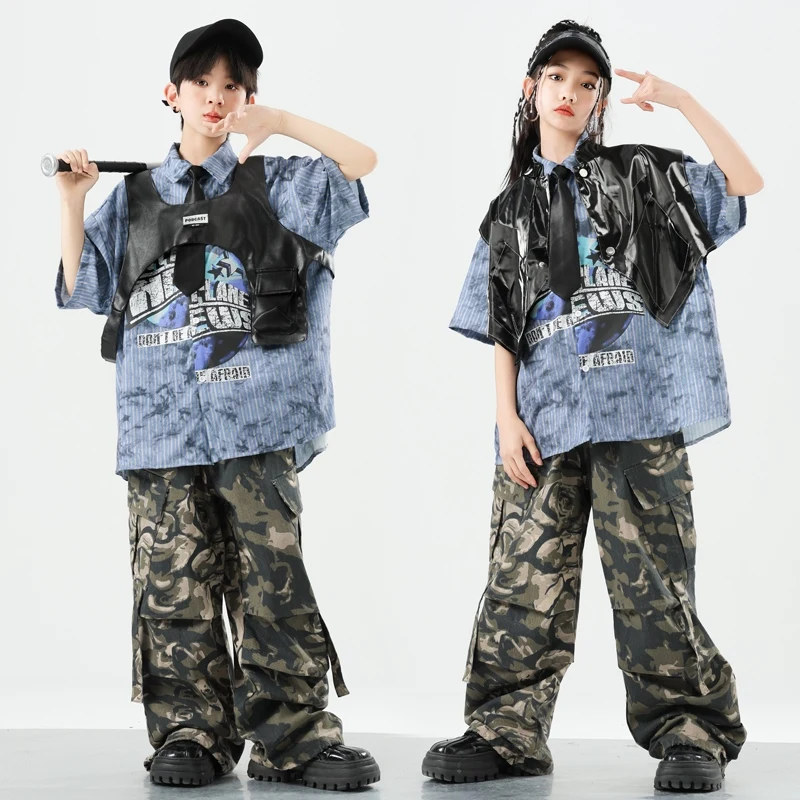 2025 Nowe kostiumy do tańca jazzowego dla dziewczynek Luźne koszule Czarna skórzana kamizelka Spodnie kamuflażowe Garnitur Chłopcy Hip Hop Dance Clothes DQS19512