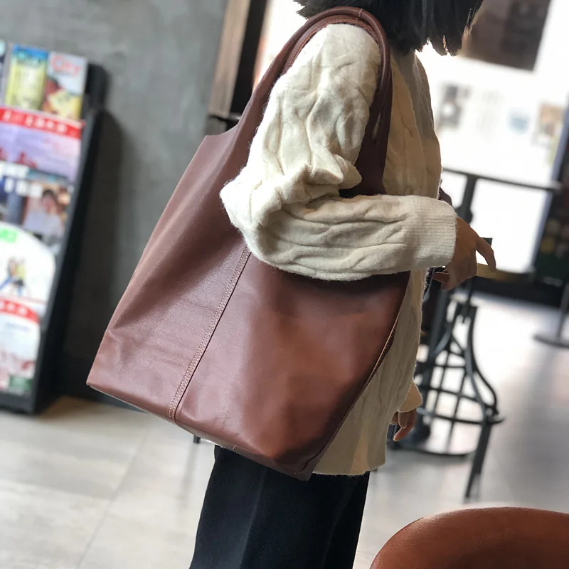 Korean Style Soft Glutinous First Layer Cowhide Women's Handbag Shopping Bag Casual Shoulder Bag Women's Large Capacity Leather