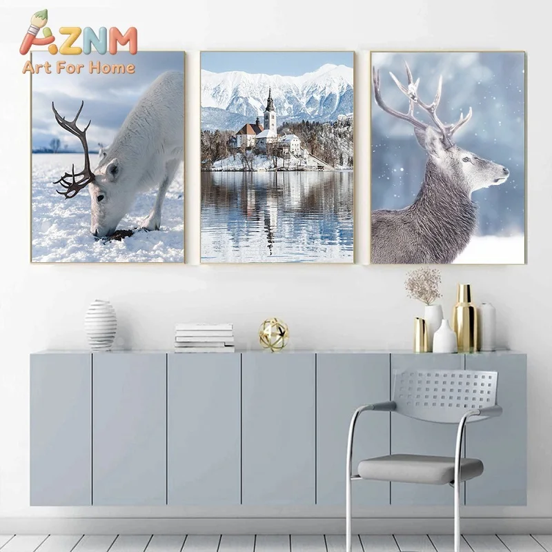 AZNM Cool Tone Winter Canvas Wall Art Snow Mountain Lake Reindeer Pine Tree Village Landscape Picture Unframed Canvas Home Decor