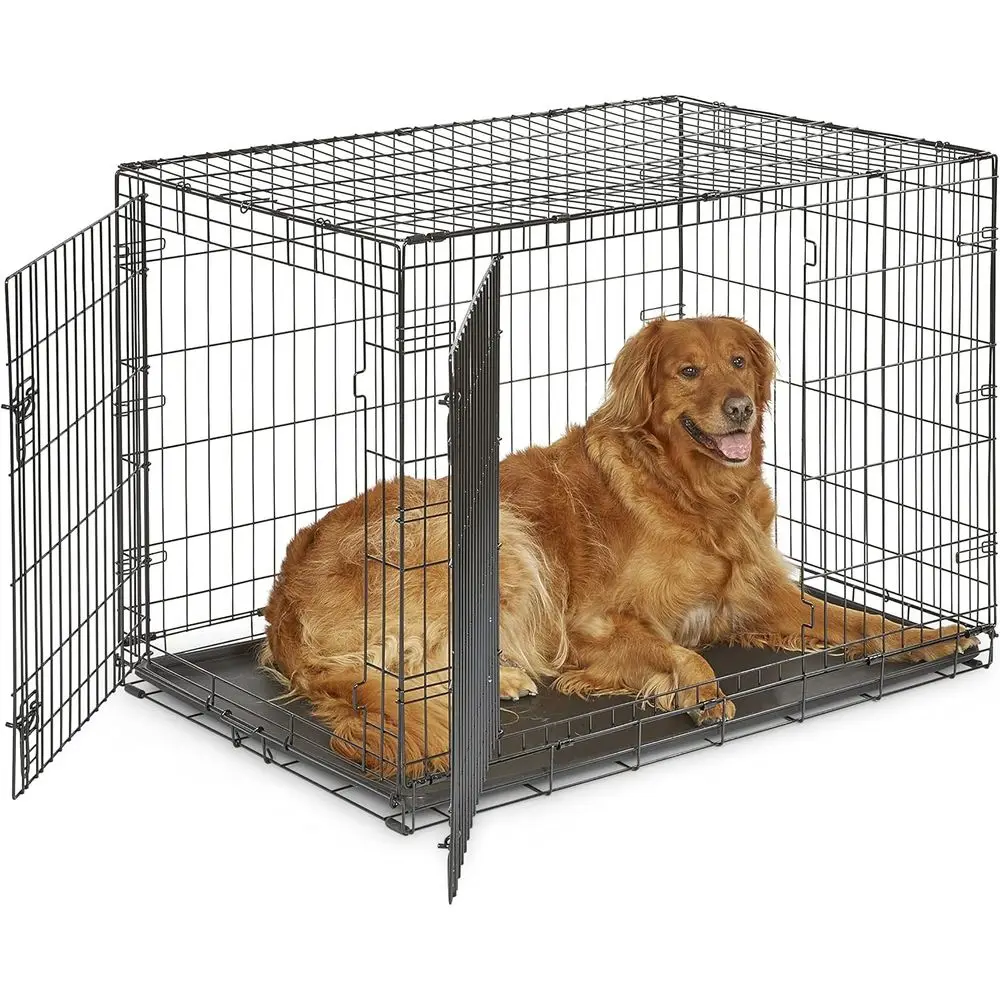

42-Inch Double Door Dog Crate for Large Breeds, 71-90 lbs, with Leak-Proof Tray, Portable and Easy Assembly