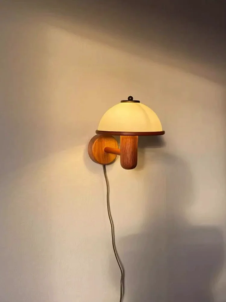 Mushroom wall lamp, homestay light corridor, bedroom, bedside, wiring free Korean Vintage, retro and nostalgic solid wood home